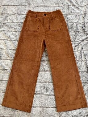 Rust Brown Corduroy Wide Leg Pants with Scalloped Pockets